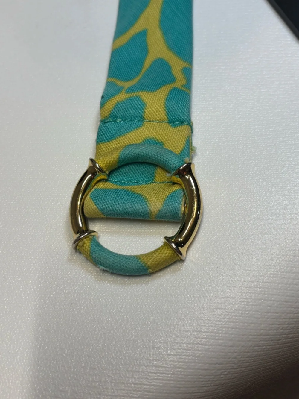 J. Crew Aqua Blue & Lime Green Printed Linen Belt Gold Horseshoe Buckle Medium
